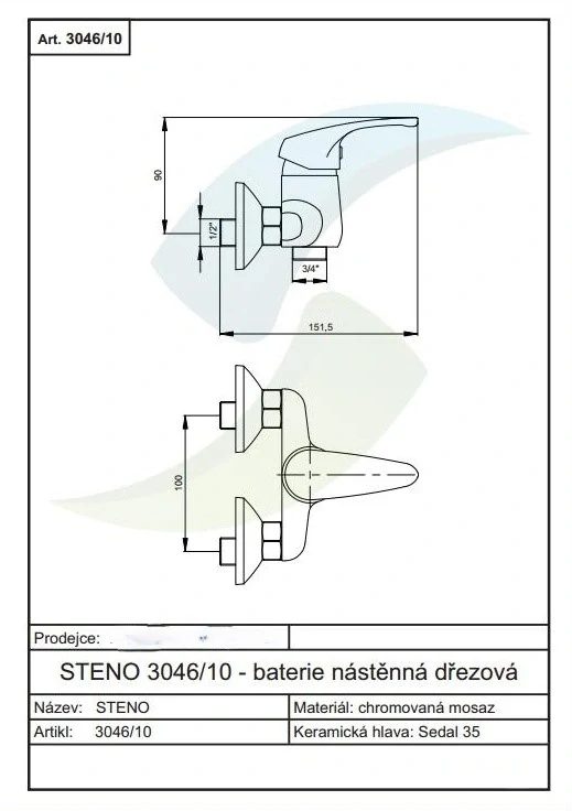 Drezová nástenná batéria bez ramienka ,rozteč 100mm