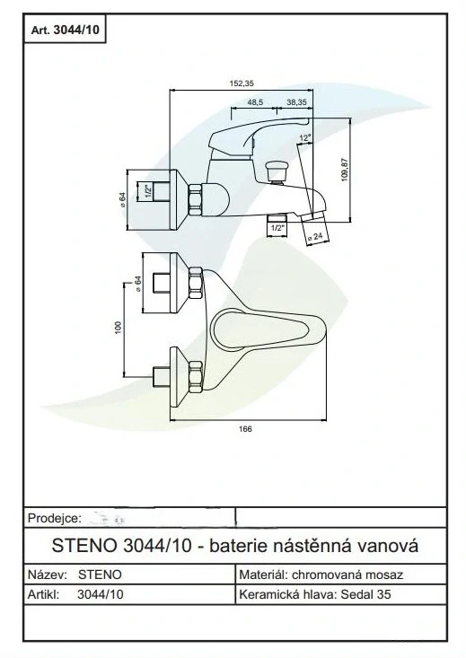 Vaňová batéria s príslušenstvom, rozteč 100 mm
