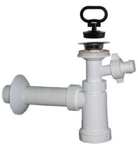 Umývadlový sifón E DN40 s nerezovou miskou, zátkou a práčkovým vývodom